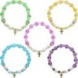 Bracelet sur élastique en pierre de lune synthétique Ø 8 mm & coquille naturelle avec croix acier inoxydable. LOT 5 ASSORTIS.